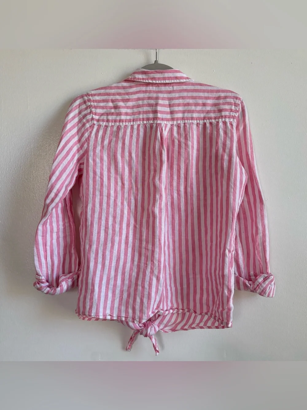 J.CREW Pink White Striped Linen Collared Long Sleeve Tie Button-Up Women’s 4
